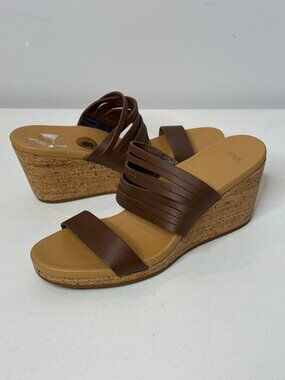 Teva Size 8 Brown Leather Strappy Cork Wedge Slide Sandals Boho Minimalist